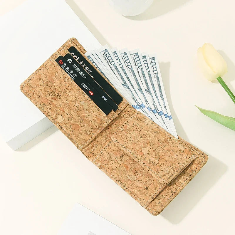 Compact Foldable PU Cork Wallet with Unisex Card Holder