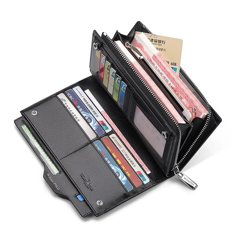 Men's Long Genuine Leather Multifunction Wallet with Zip and Large Phone Compartment