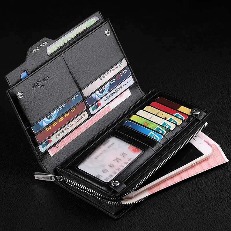 Men's Long Genuine Leather Multifunction Wallet with Zip and Large Phone Compartment