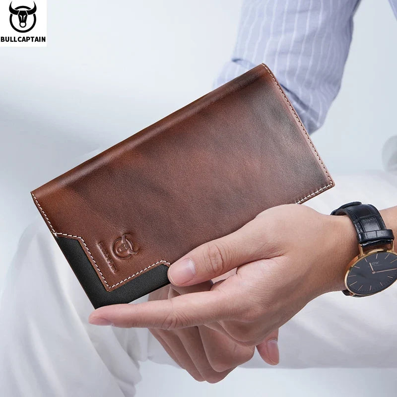 Men's Genuine Leather RFID Long Wallet with Phone Compartment and Large Capacity