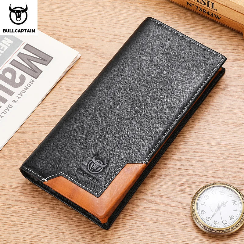 Men's Genuine Leather RFID Long Wallet with Phone Compartment and Large Capacity
