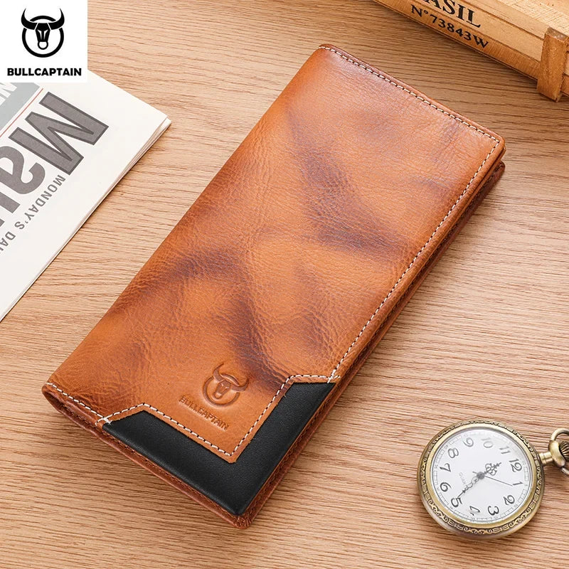 Men's Genuine Leather RFID Long Wallet with Phone Compartment and Large Capacity