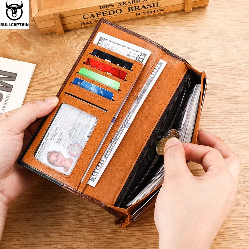 Men's Genuine Leather RFID Long Wallet with Phone Compartment and Large Capacity