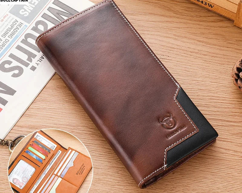 Men's Genuine Leather RFID Long Wallet with Phone Compartment and Large Capacity