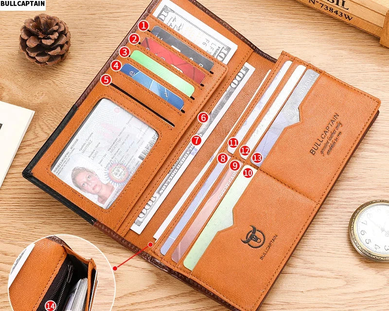 Men's Genuine Leather RFID Long Wallet with Phone Compartment and Large Capacity