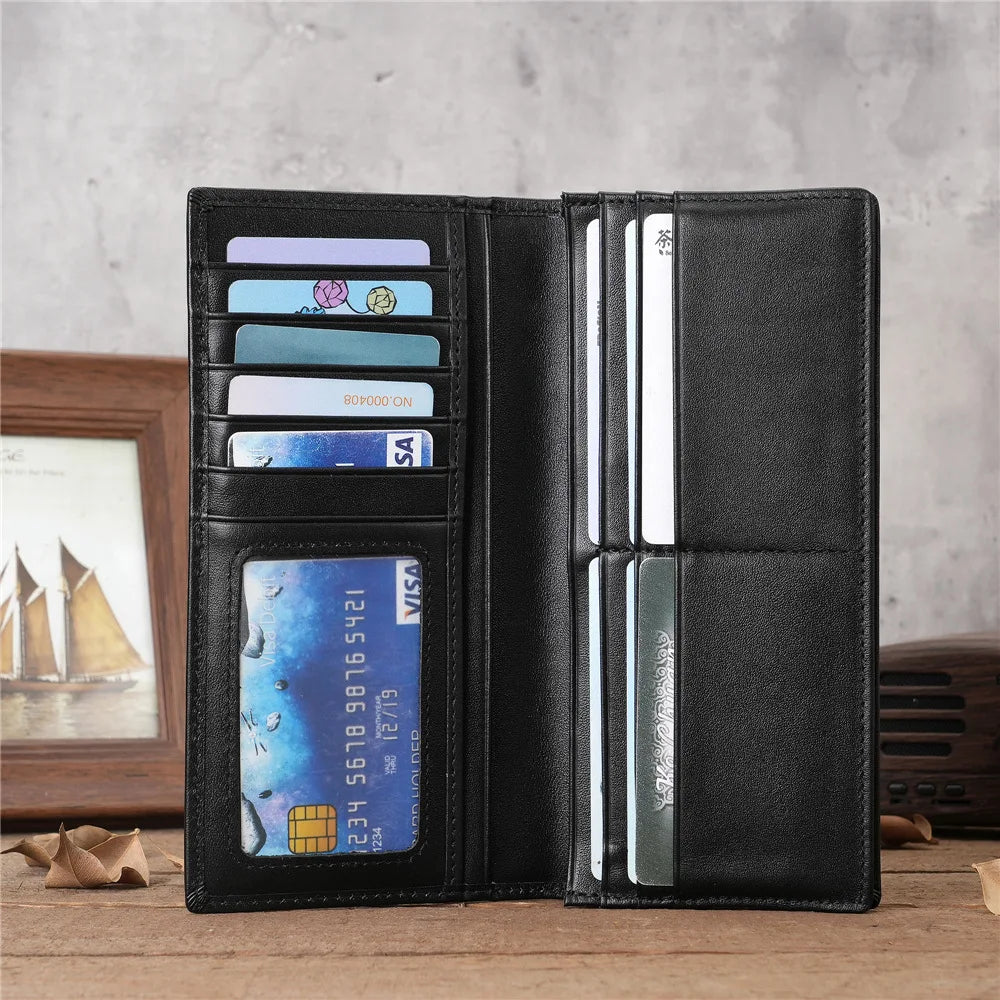 Men's Long Genuine Leather RFID Wallet with Card Holder and Zippered Coin Pocket