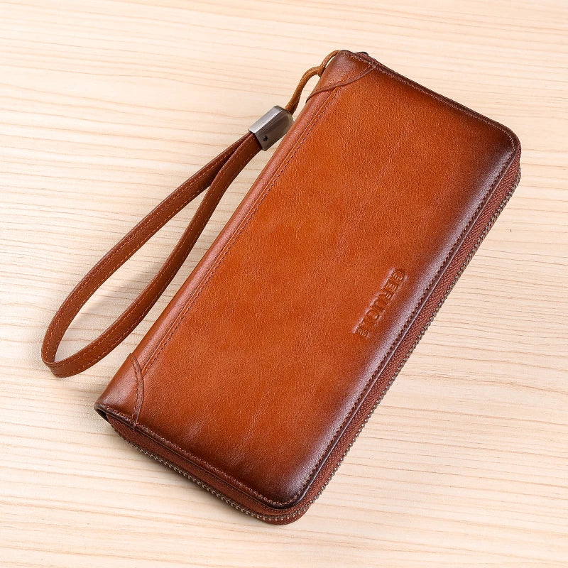 Men's Long Genuine Leather Wallet with Zip, Large Capacity and RFID Protection