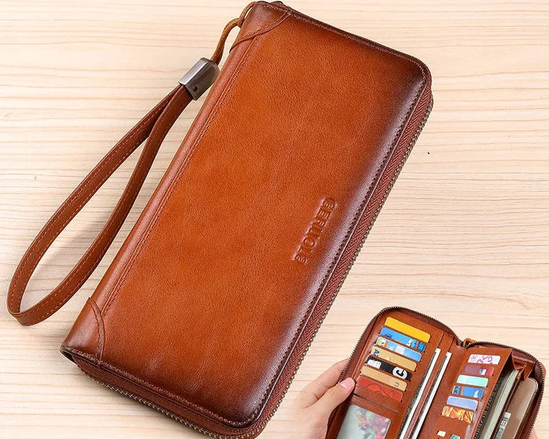Men's Long Genuine Leather Wallet with Zip, Large Capacity and RFID Protection