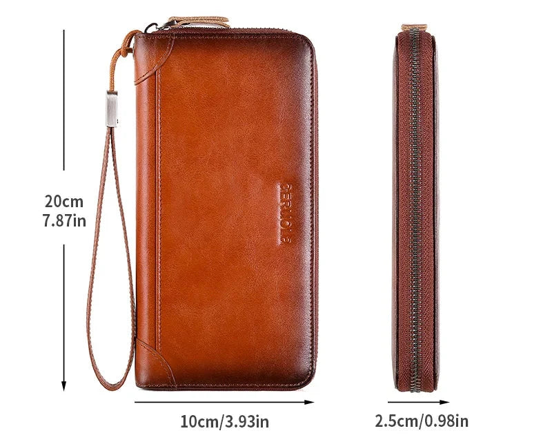 Men's Long Genuine Leather Wallet with Zip, Large Capacity and RFID Protection