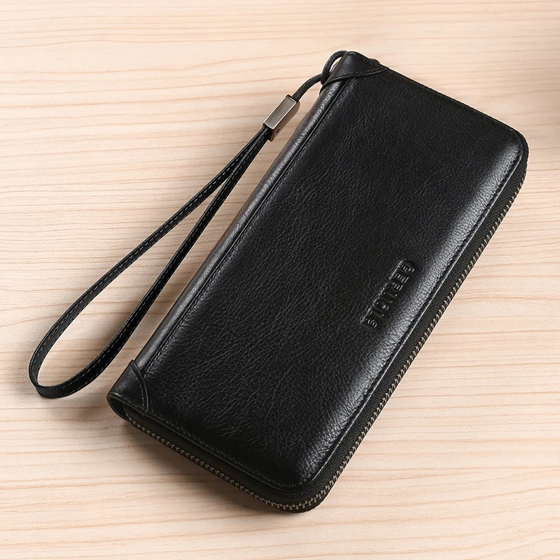 Men's Long Genuine Leather Wallet with Zip, Large Capacity and RFID Protection