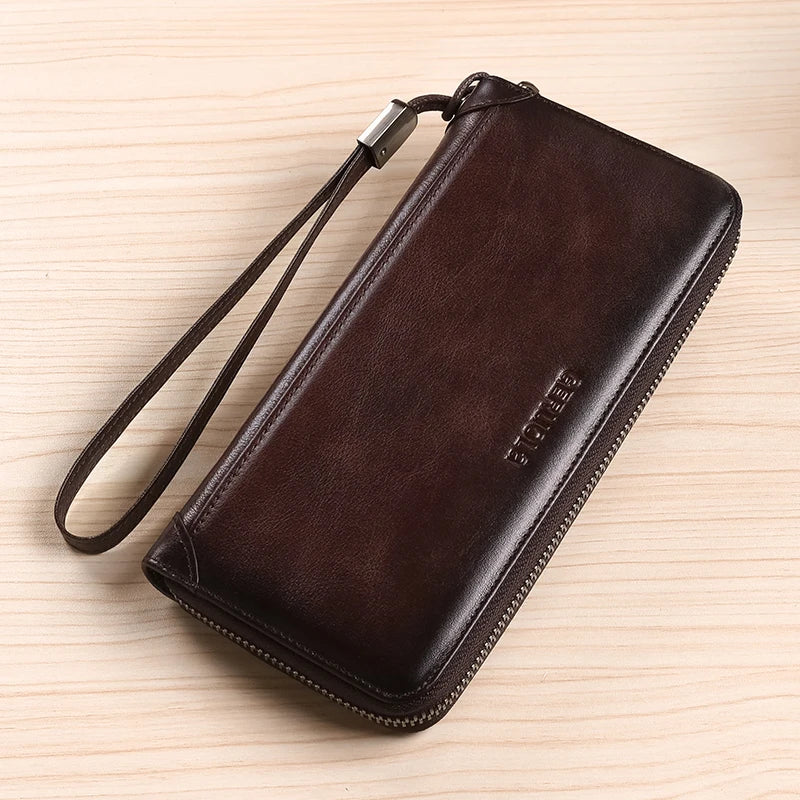 Men's Long Genuine Leather Wallet with Zip, Large Capacity and RFID Protection
