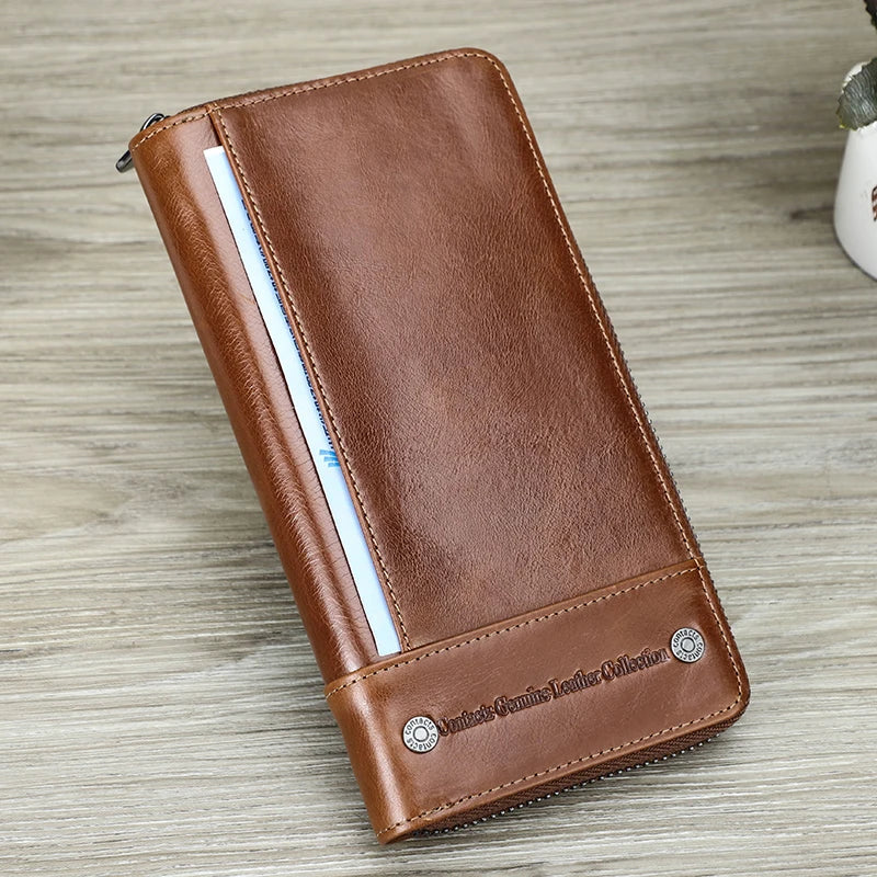 Men's Genuine Leather Long Wallet with RFID, Zip, and Large Phone Compartment