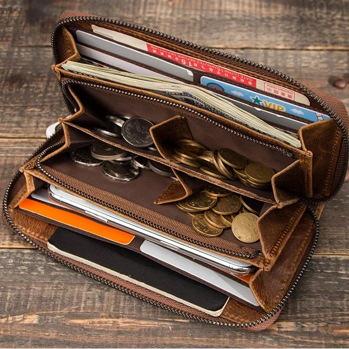 Men's Genuine Leather Long Wallet with RFID, Zip, and Large Phone Compartment