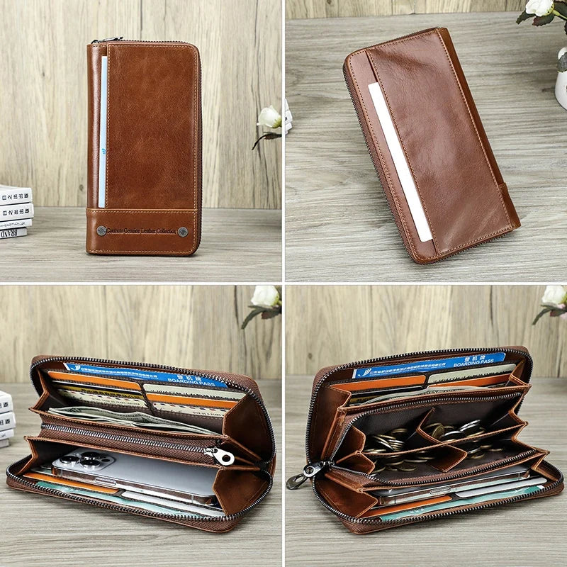 Men's Genuine Leather Long Wallet with RFID, Zip, and Large Phone Compartment