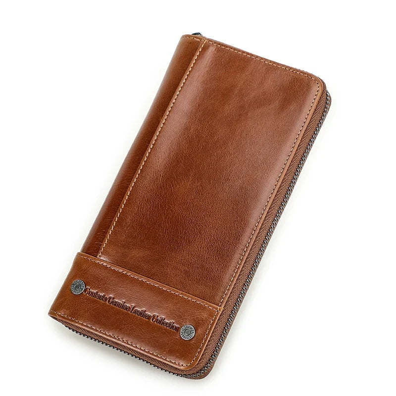 Men's Genuine Leather Long Wallet with RFID, Zip, and Large Phone Compartment Image