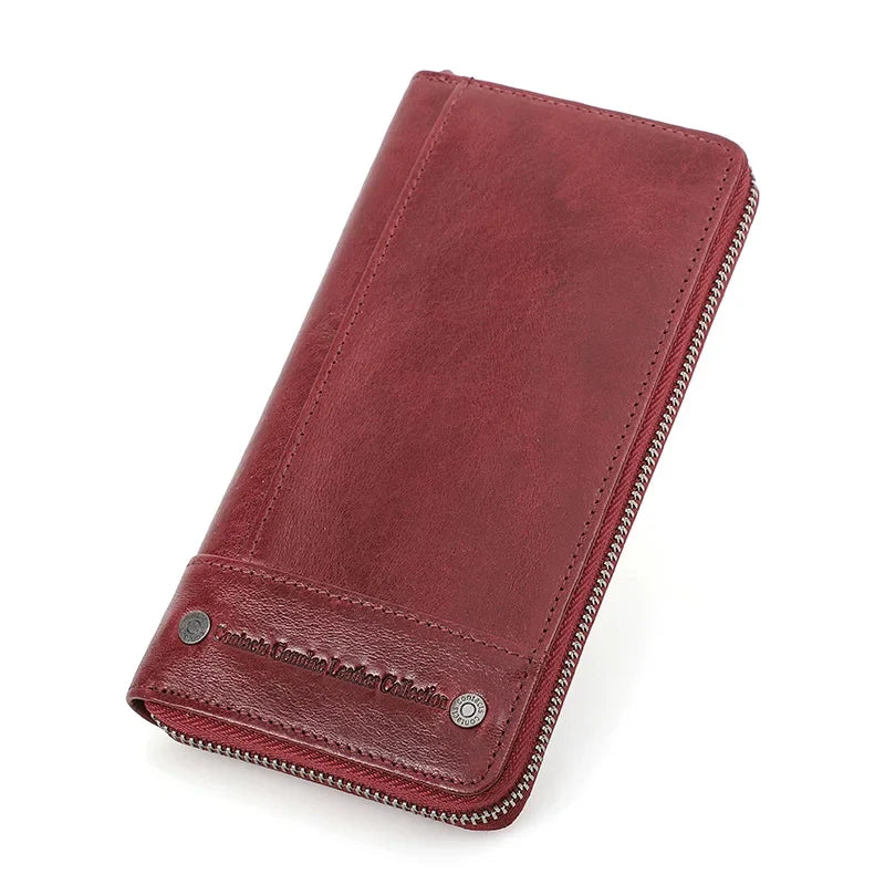 Men's Genuine Leather Long Wallet with RFID, Zip, and Large Phone Compartment