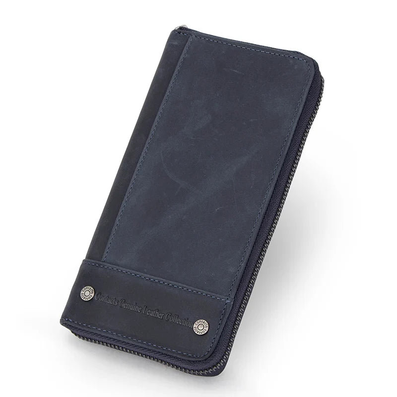 Men's Genuine Leather Long Wallet with RFID, Zip, and Large Phone Compartment
