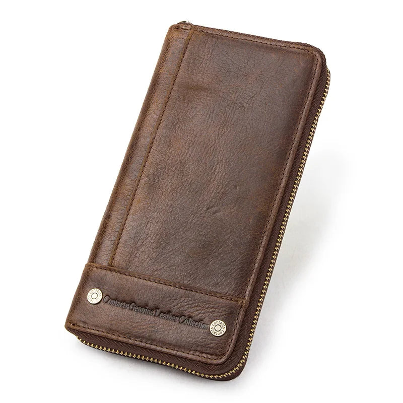 Men's Genuine Leather Long Wallet with RFID, Zip, and Large Phone Compartment