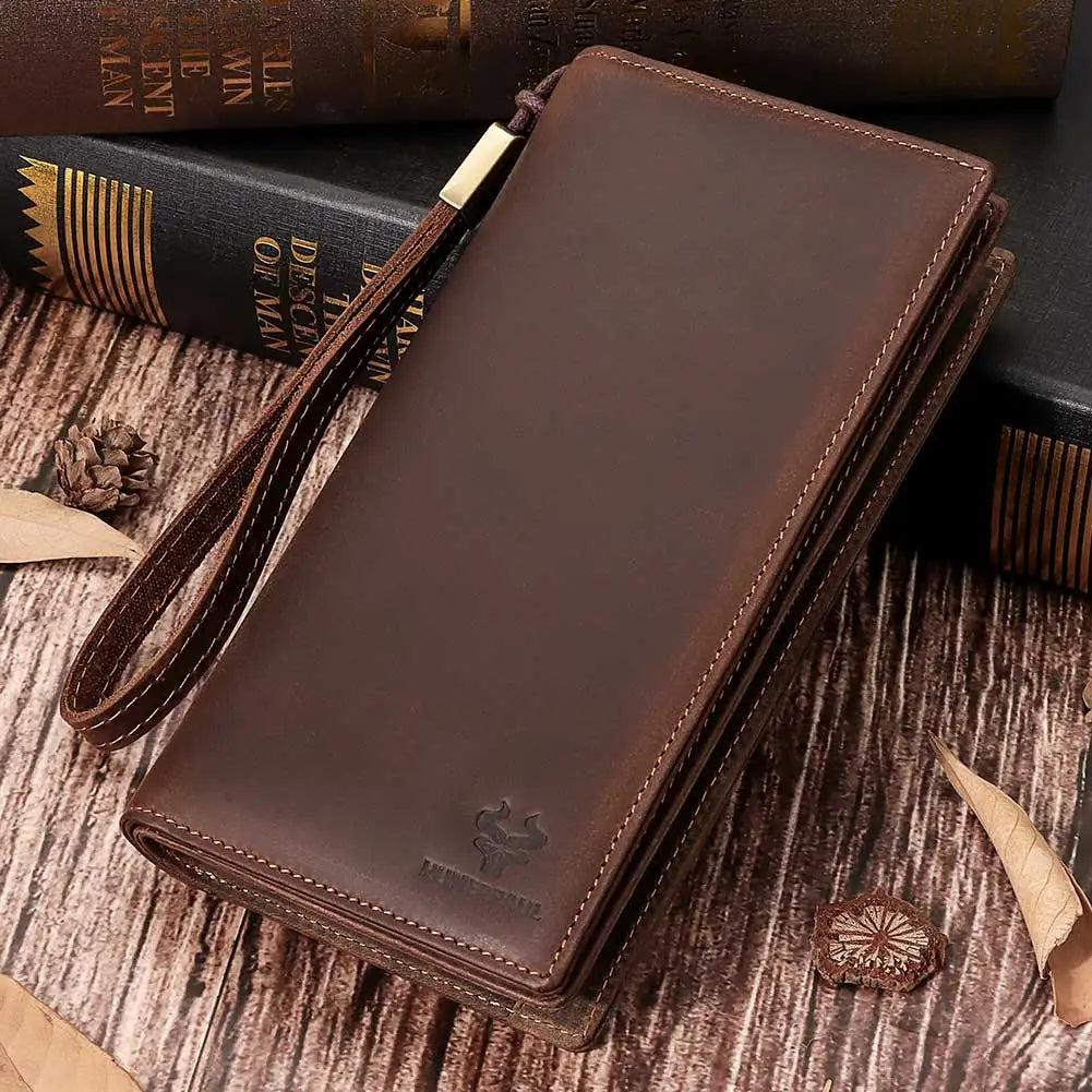 Men's Long Genuine Leather Wallet with RFID, Zip, and Phone Compartment