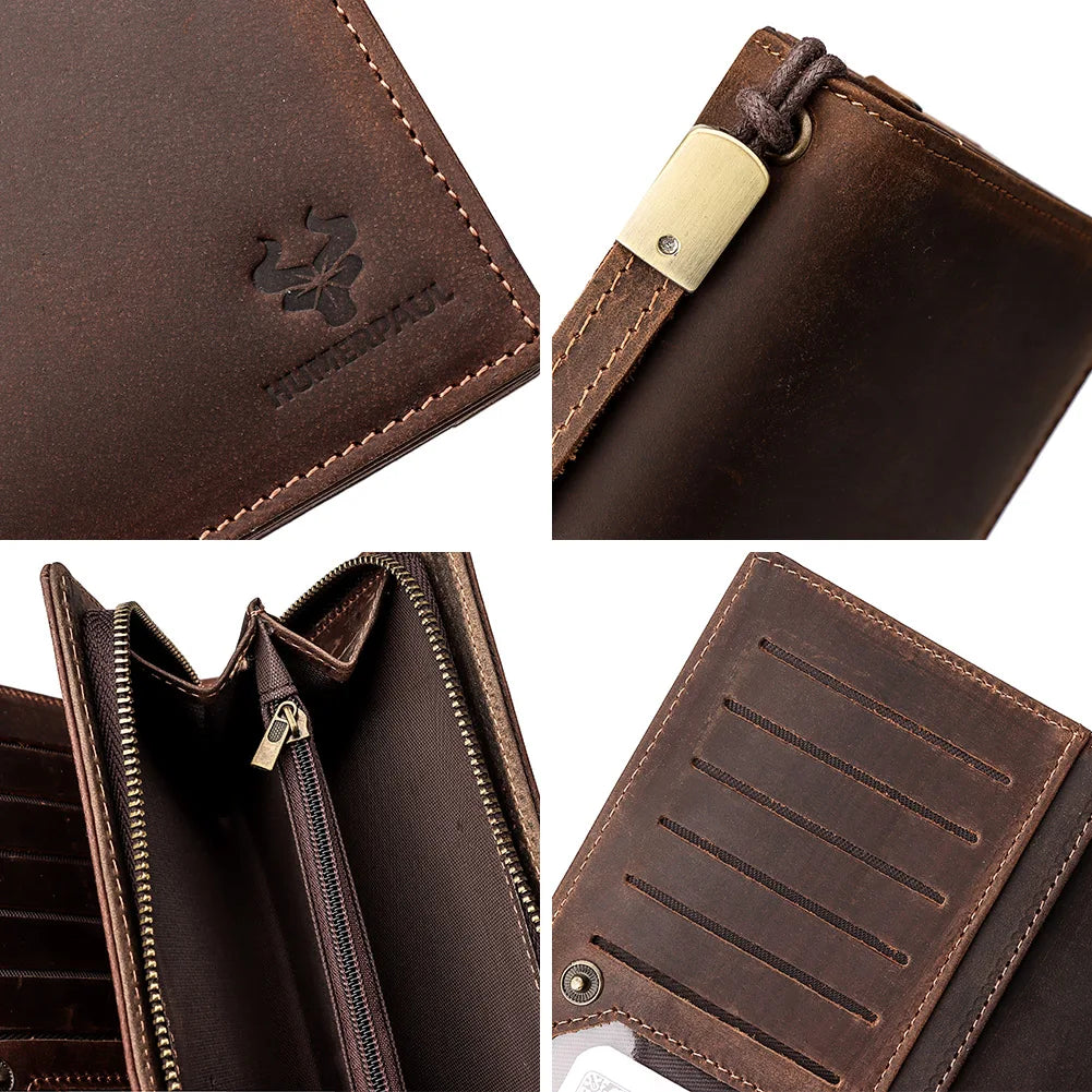 Men's Long Genuine Leather Wallet with RFID, Zip, and Phone Compartment