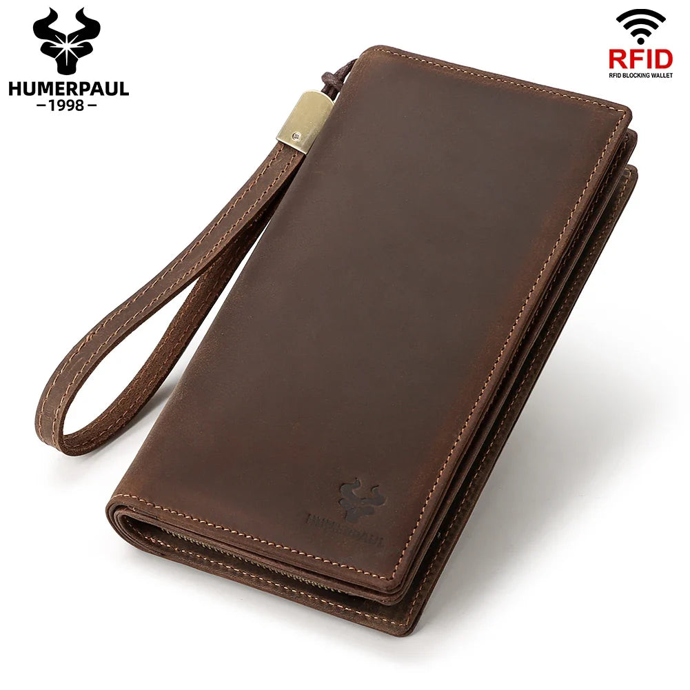 Men's Long Genuine Leather Wallet with RFID, Zip, and Phone Compartment