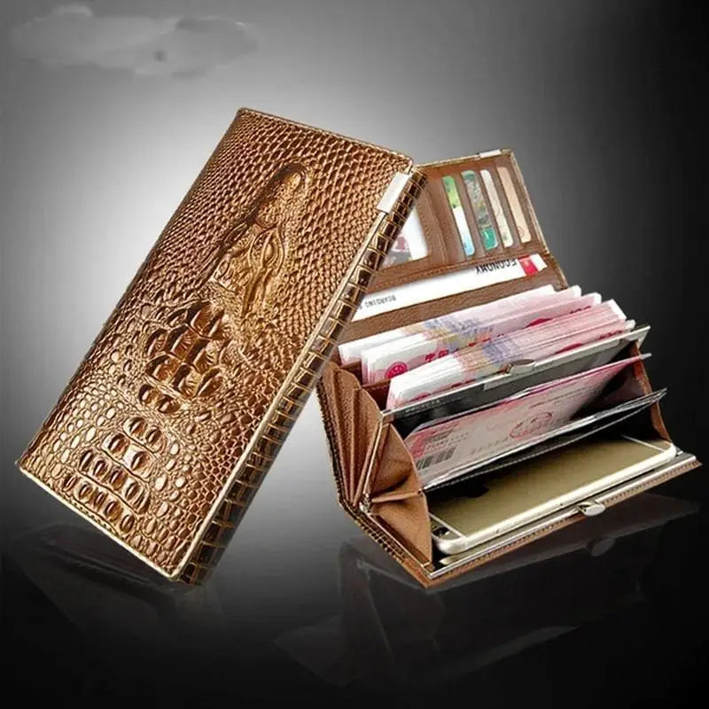 Genuine Leather Long Wallet for Women with Elegant Zipper and Crocodile Pattern