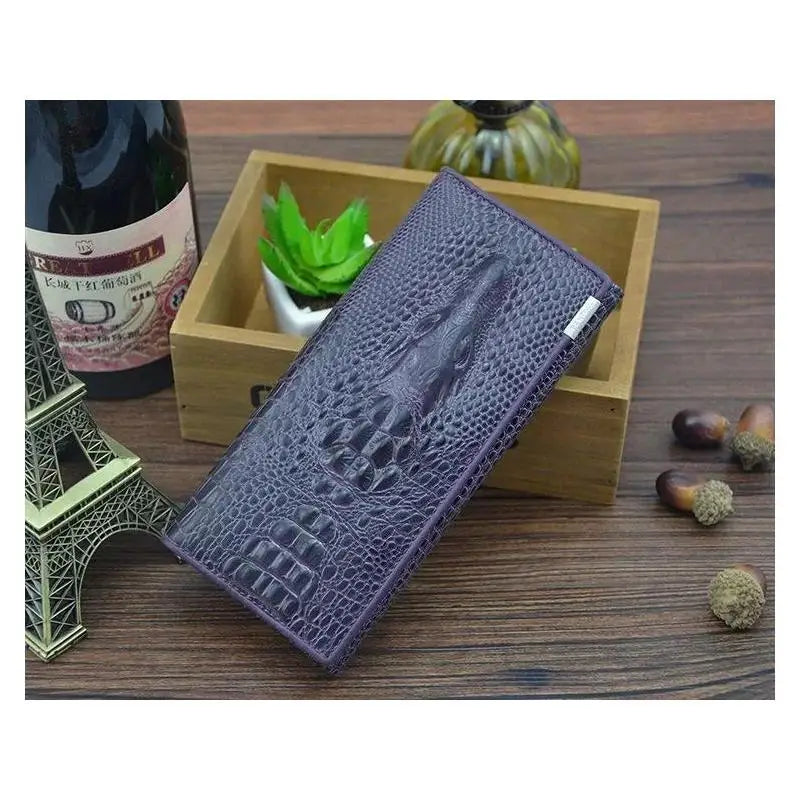 Genuine Leather Long Wallet for Women with Elegant Zipper and Crocodile Pattern