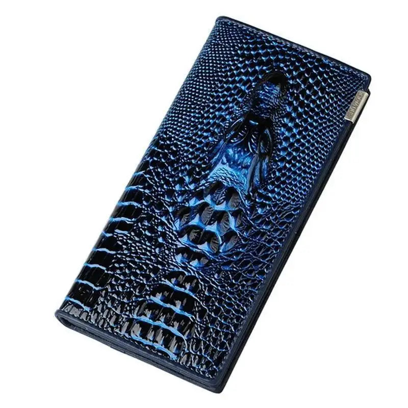 Genuine Leather Long Wallet for Women with Elegant Zipper and Crocodile Pattern