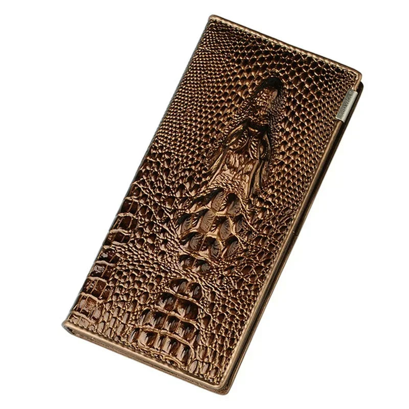 Genuine Leather Long Wallet for Women with Elegant Zipper and Crocodile Pattern