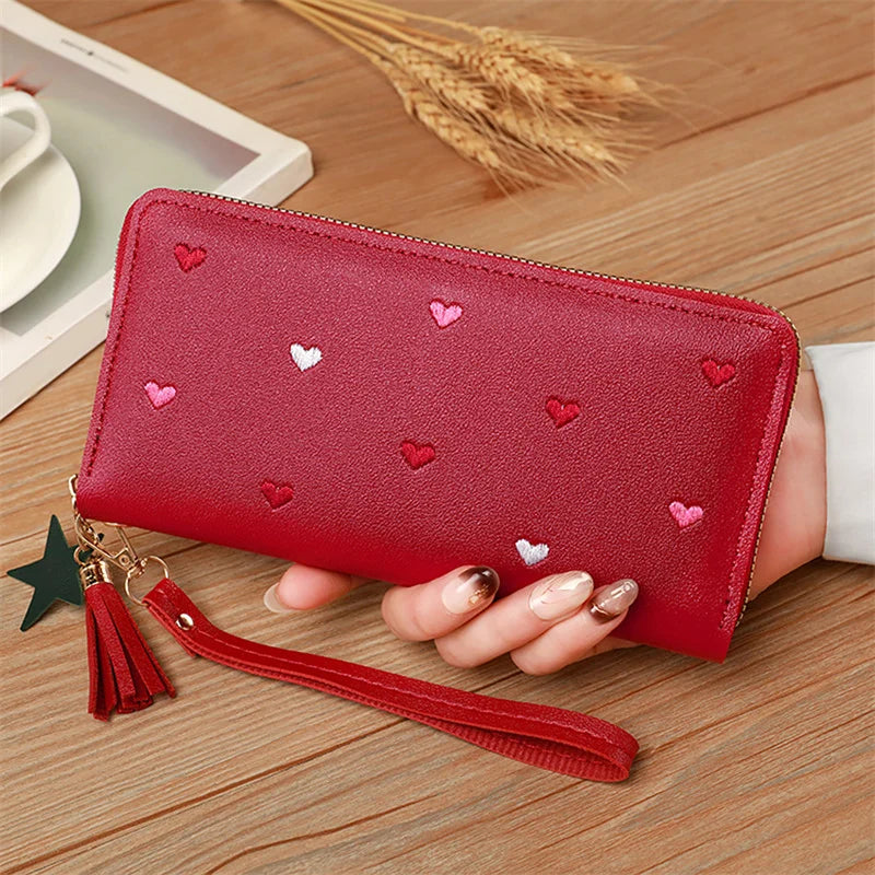 Long Women's Wallet in Soft PU Leather with Heart Patterns