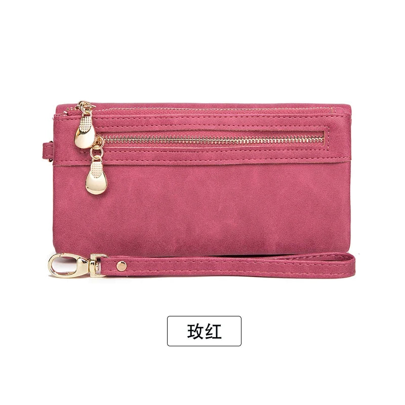 Women's Long PU Leather Wallet with Double Zip and Practical Wrist Strap