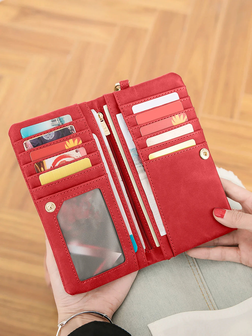Women's Long PU Leather Wallet with Double Zip and Practical Wrist Strap