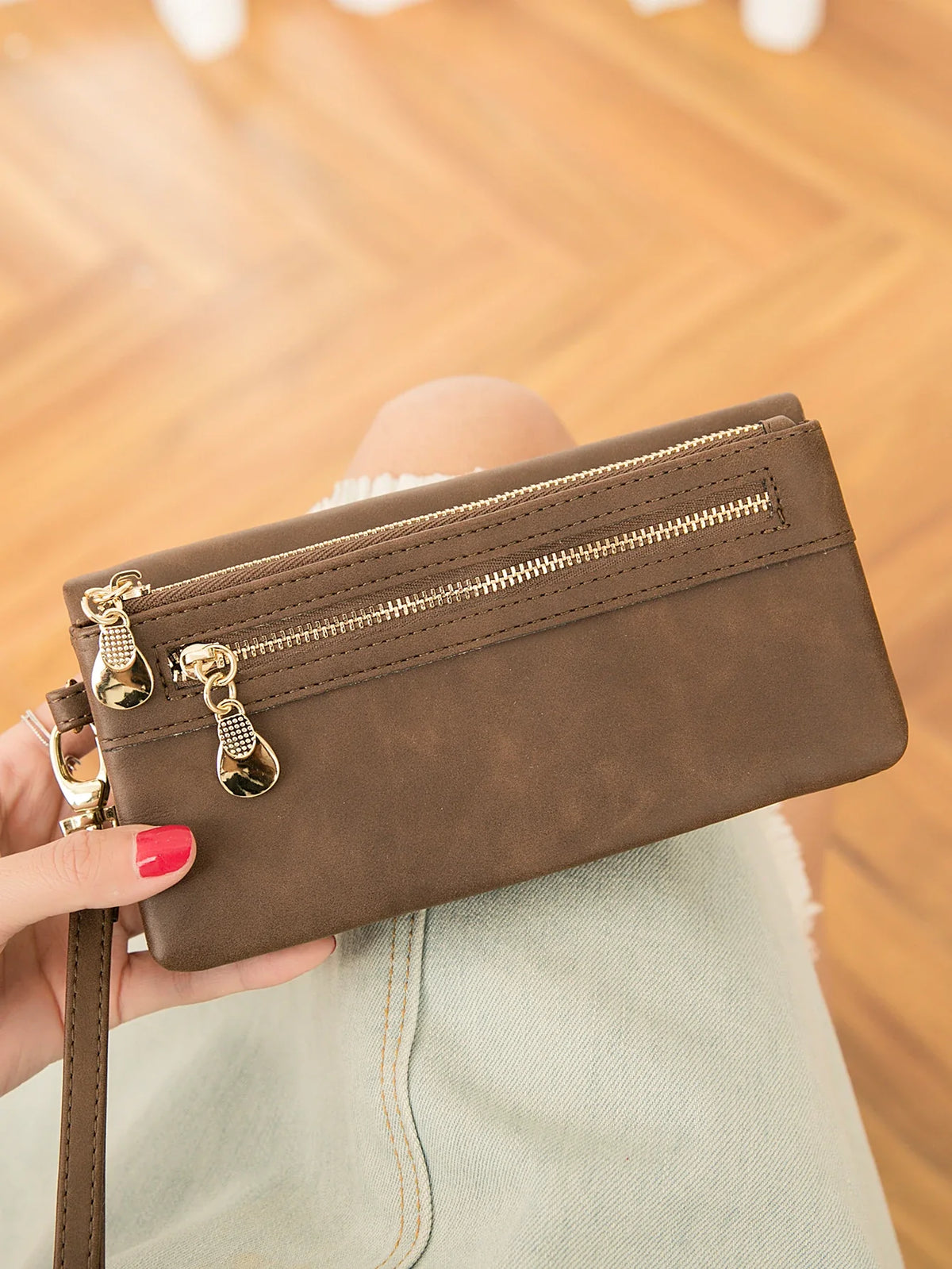 Women's Long PU Leather Wallet with Double Zip and Practical Wrist Strap