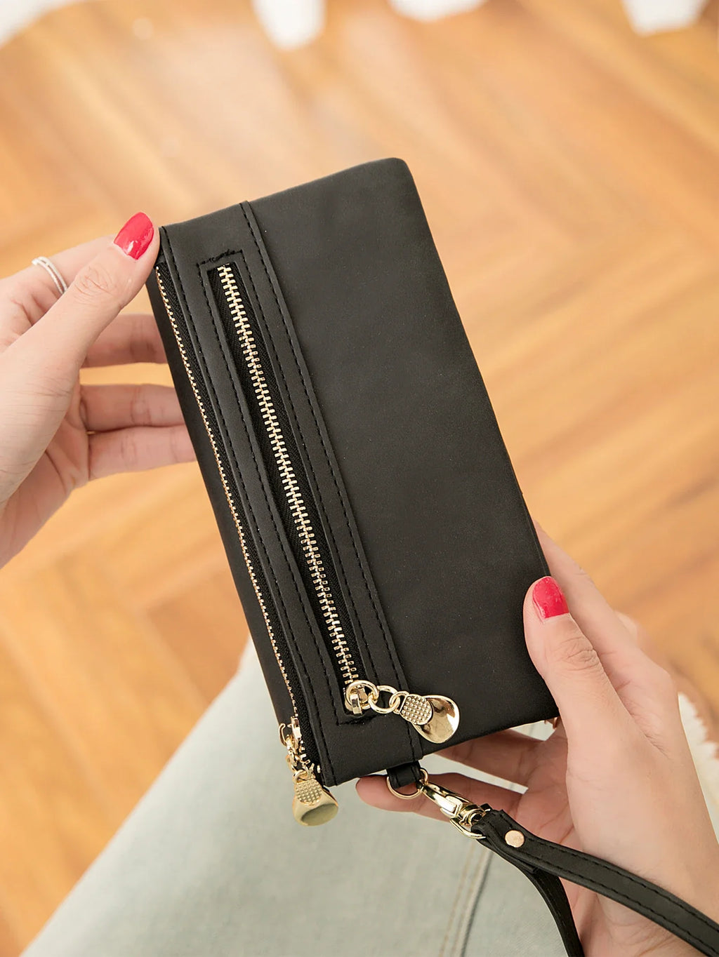 Women's Long PU Leather Wallet with Double Zip and Practical Wrist Strap