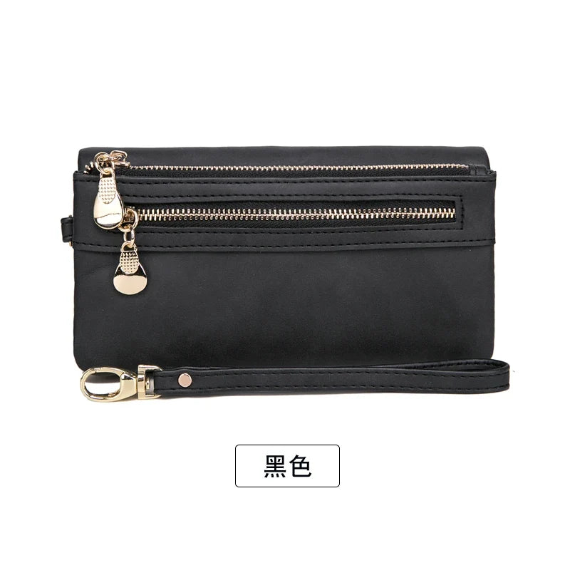 Women's Long PU Leather Wallet with Double Zip and Practical Wrist Strap
