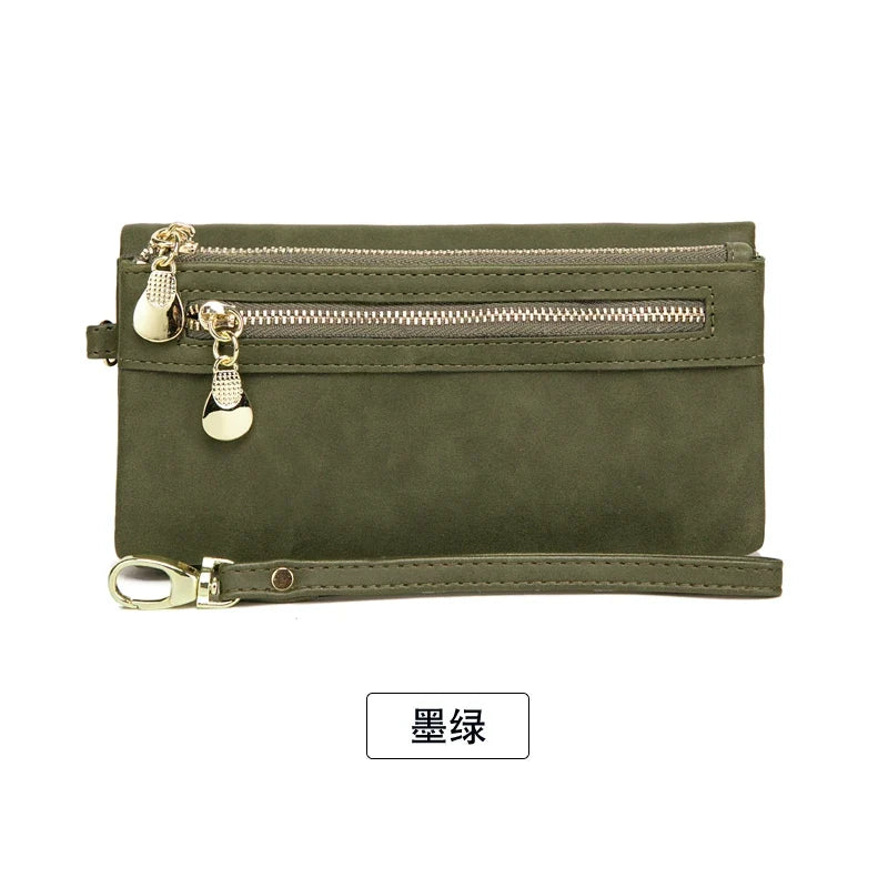 Women's Long PU Leather Wallet with Double Zip and Practical Wrist Strap