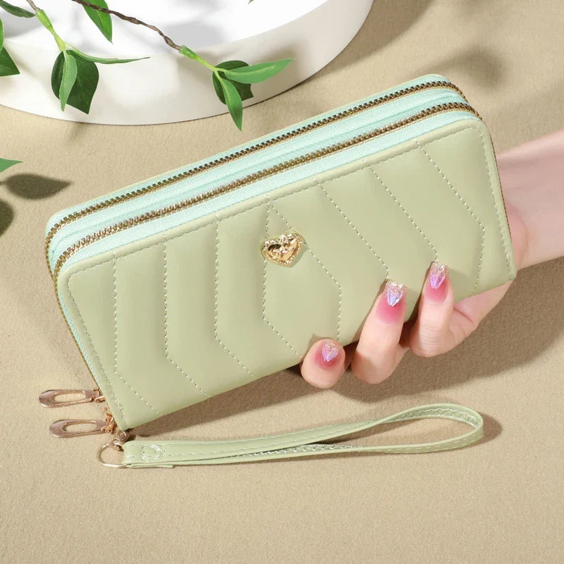 Women's Long PU Leather Wallet with Double Zip, Wrist Strap and Elegant Large Capacity