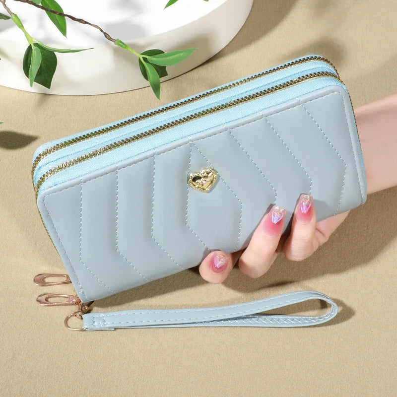 Women's Long PU Leather Wallet with Double Zip, Wrist Strap and Elegant Large Capacity