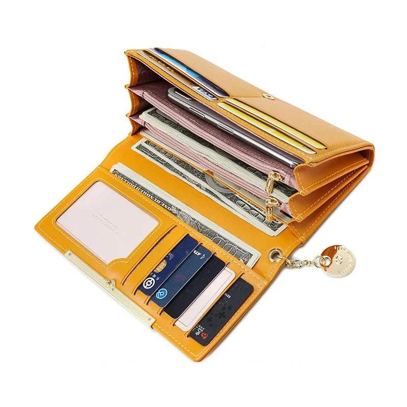 Women's Long PU Leather Wallet with Zipper Closure and Multiple Compartments