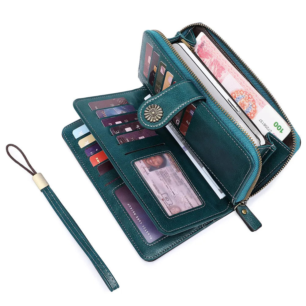 Women's Long Multifunctional PU Leather Wallet with Zip, Flap, and Large Capacity