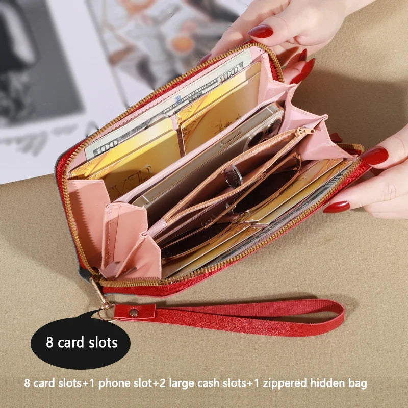 Long women's wallet in glittery PU leather with zip, wrist strap, and elegant large capacity