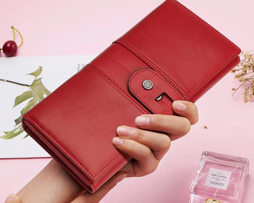 Women's Long Genuine Leather RFID Wallet with Zip and Multiple Compartments