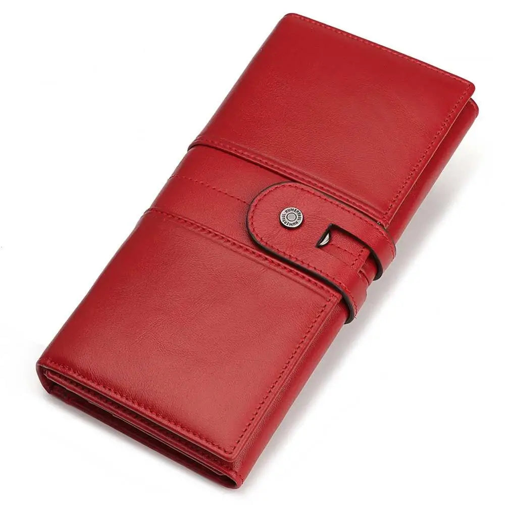 Women's Long Genuine Leather RFID Wallet with Zip and Multiple Compartments