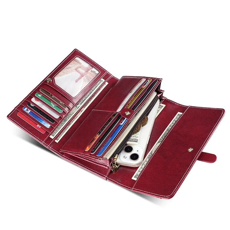 Long women's genuine oiled leather RFID wallet with flap and zip large capacity