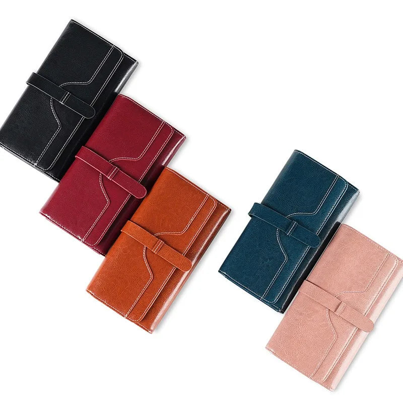 Long women's genuine oiled leather RFID wallet with flap and zip large capacity