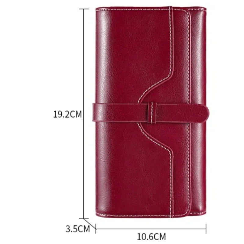 Long women's genuine oiled leather RFID wallet with flap and zip large capacity