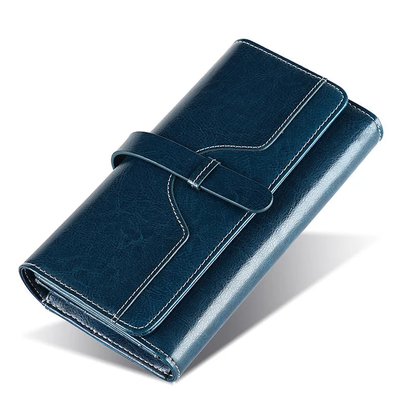 Long women's genuine oiled leather RFID wallet with flap and zip large capacity