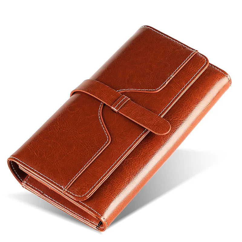 Long women's genuine oiled leather RFID wallet with flap and zip large capacity