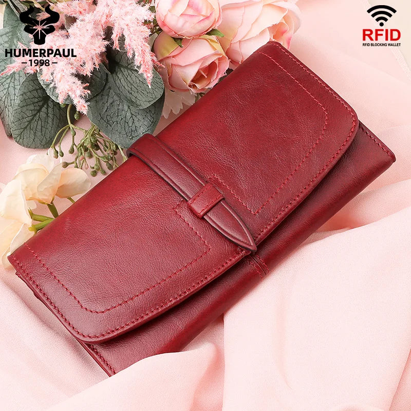 Genuine Leather Long Wallet with RFID Protection