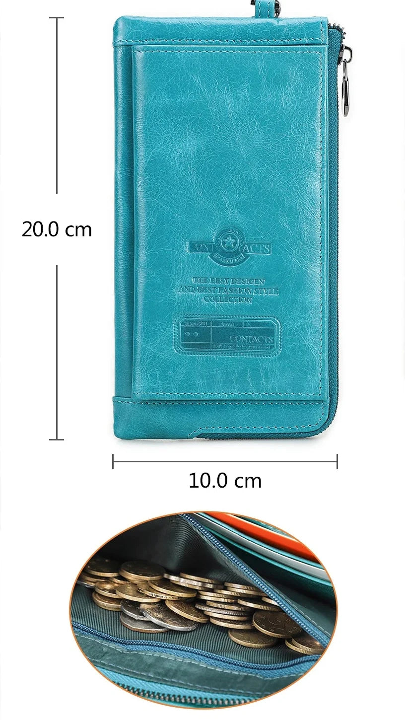 Genuine Leather Long Wallet with Phone Compartment and Wrist Strap